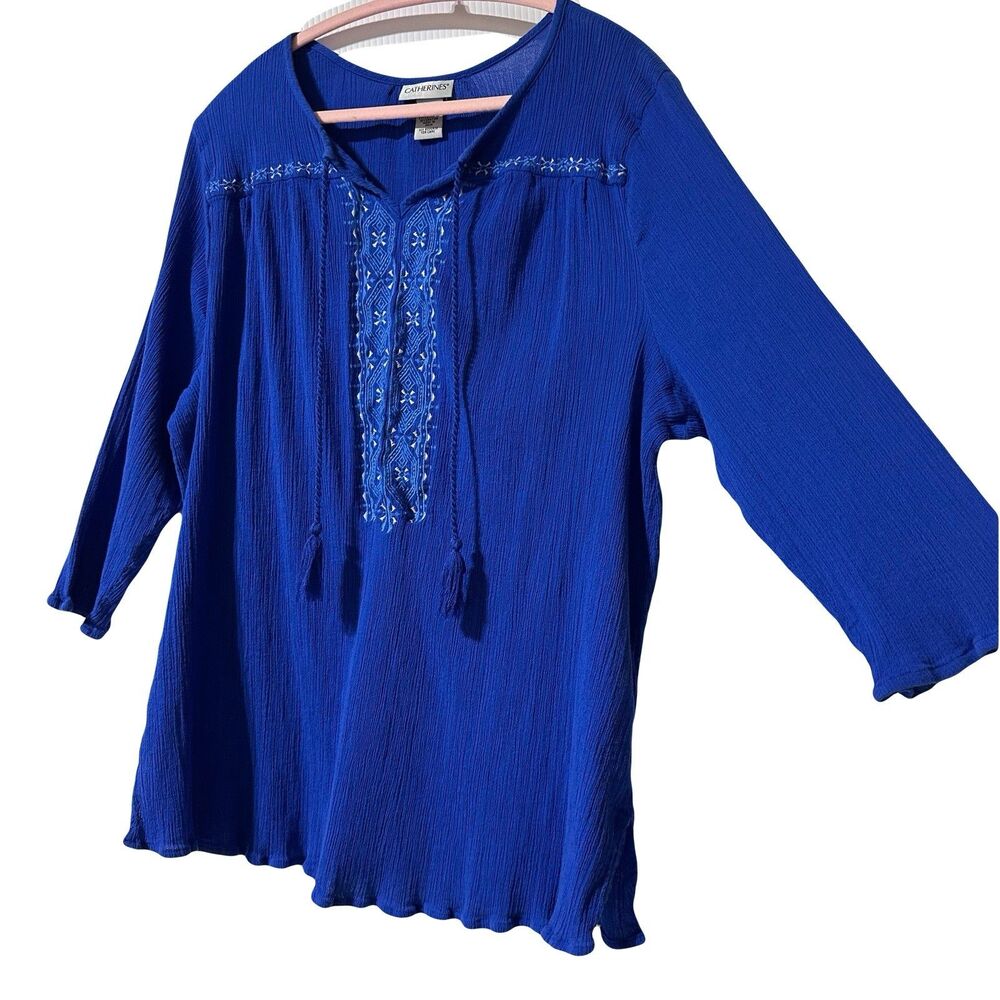 Catherines Women’s Top Size 3X Crinkle Gauzy Tassels Embroidery RUNS SMALL